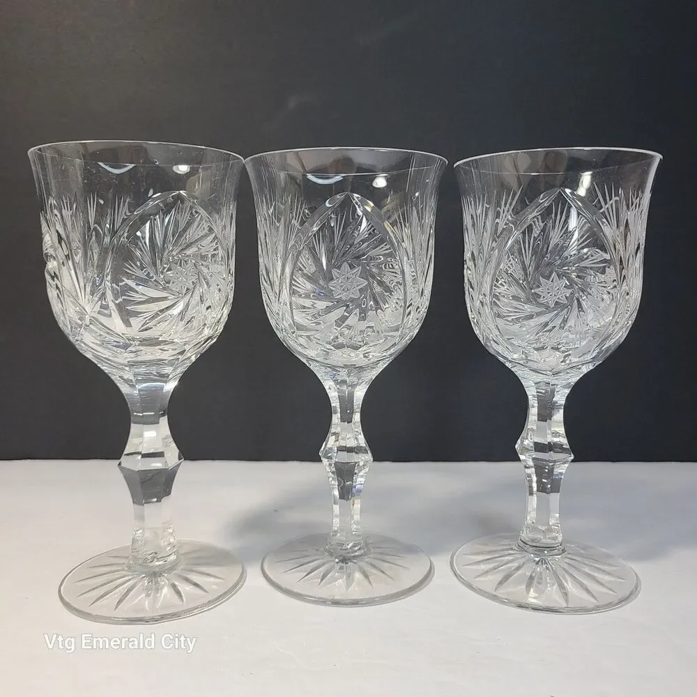 Vtg American Cut Crystal Co. ELEANOR Star & Fan Cut Pattern Wine Goblet Set Of 3